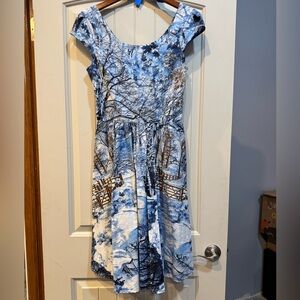 Retrolicious Over the River Snowy Scenic Print Dress